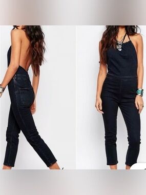 Free People Black Denim Backless Jumpsuit